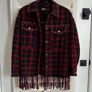 Zara Men's Red and Black Plaid Fringe Jacket